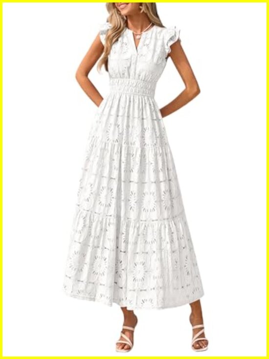 Dresses & Skirts - Women's Boho Eyelet Maxi Dress V-Neck Flutter Sleeve